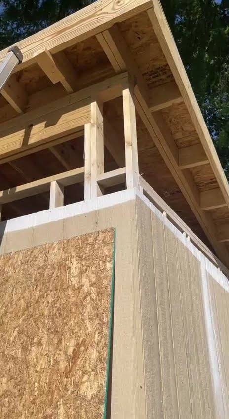 The gable end of a backyard guest house at framing stage, rafters exposed above part-fitted sheathing