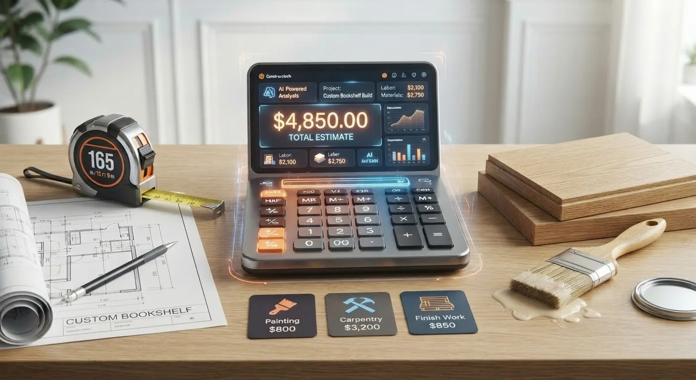 An AI-powered project estimate calculator showing a total price breakdown next to measuring tape, wood samples, and a paintbrush