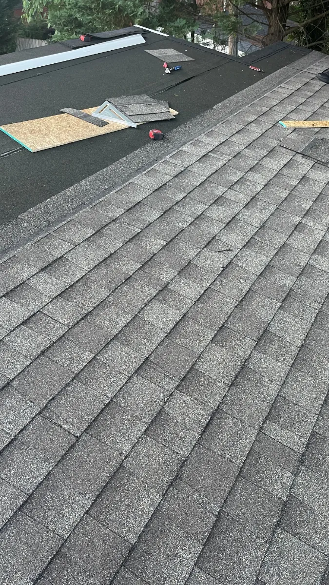 The finished shingle roof, courses running to the ridge
