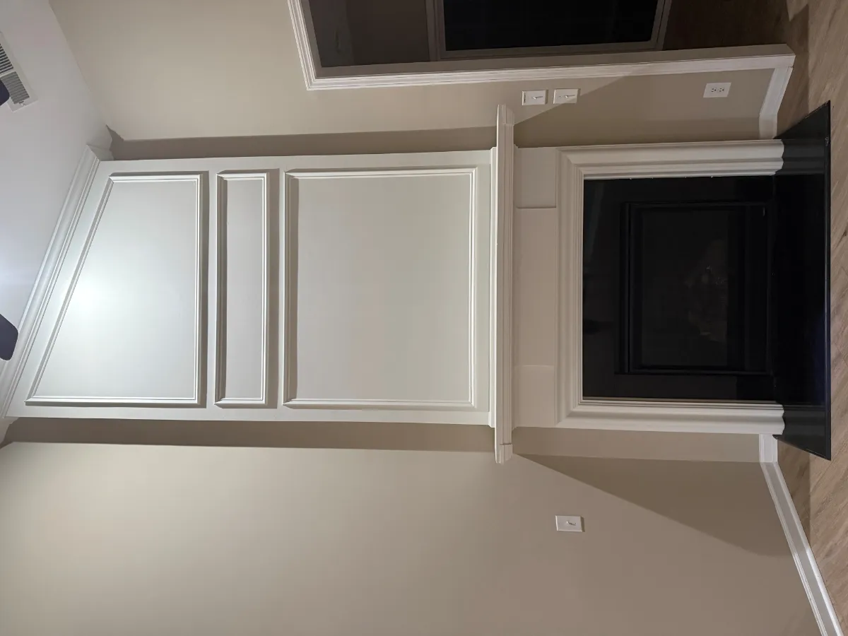 White painted built-in cabinets and shelving flanking a dark fireplace opening