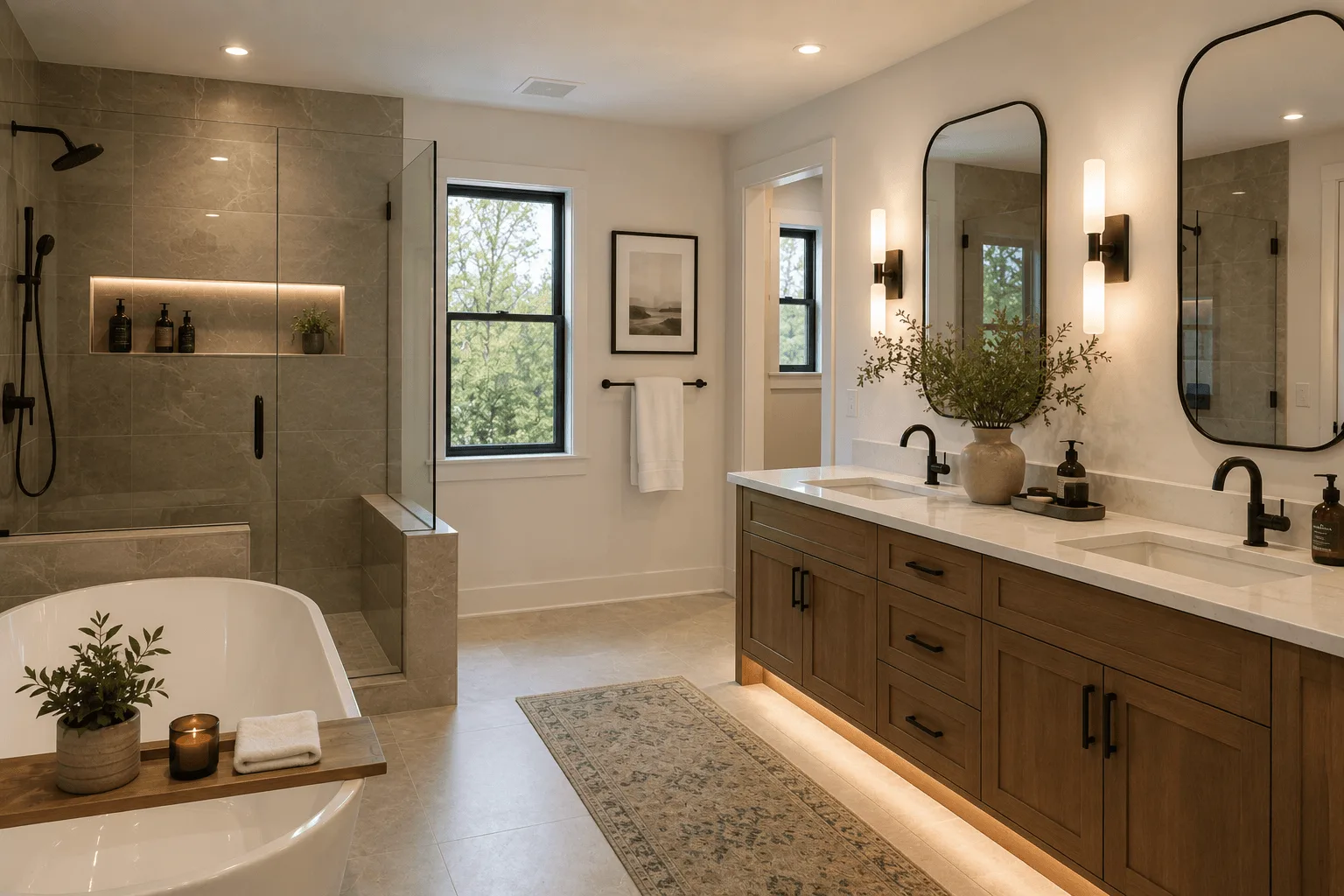 A bathroom with a tiled walk-in shower, freestanding tub, and a double vanity in stained oak under two arched mirrors