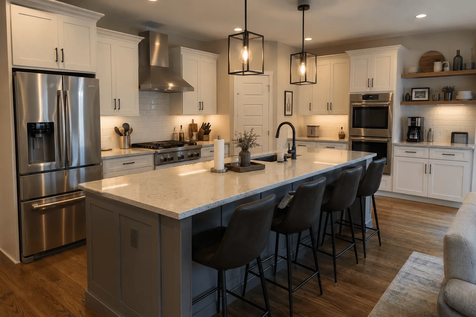 A kitchen with white shaker cabinets, a gray island with seating, and a stainless range and hood