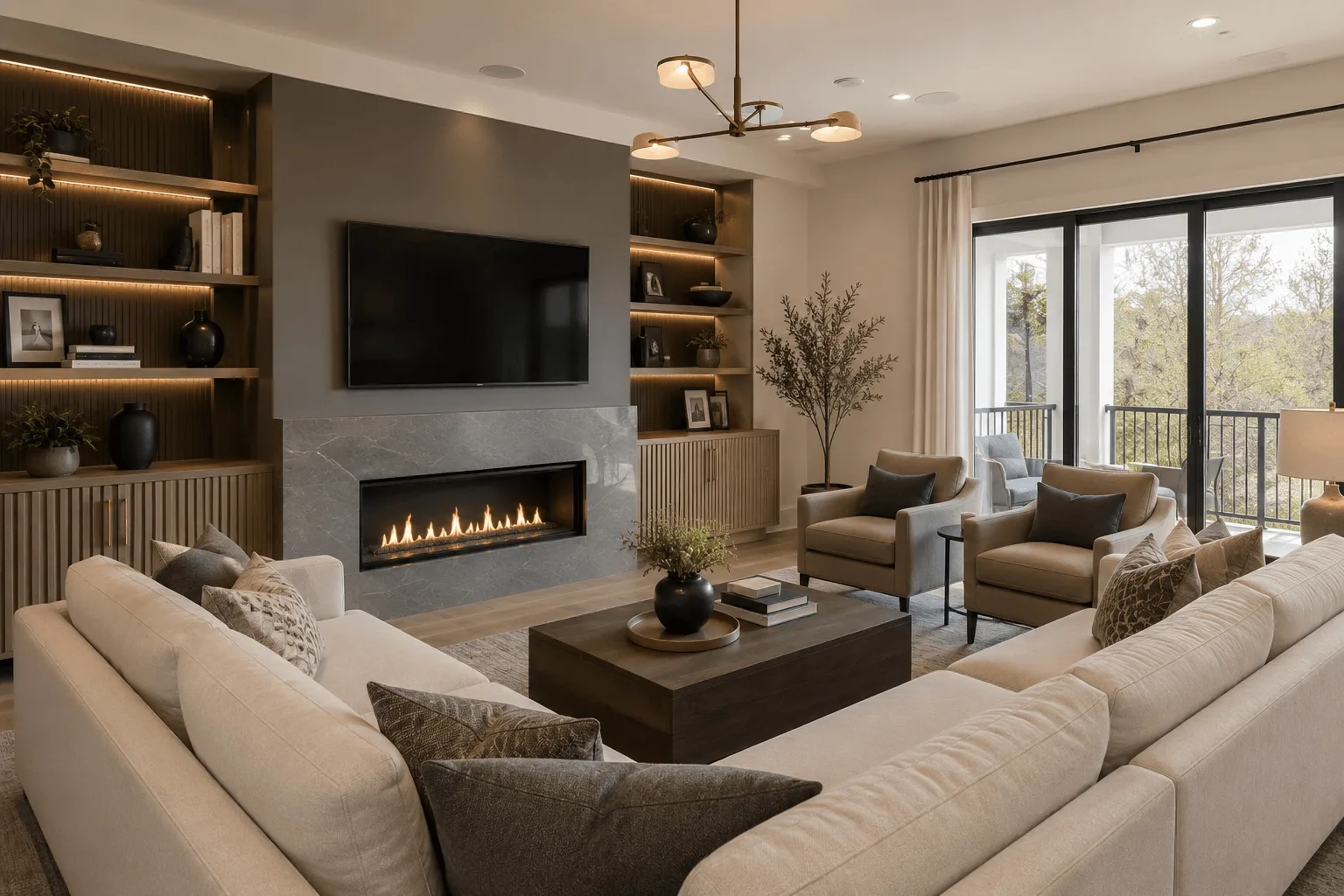 A living room with a linear fireplace in stone, lit oak built-in shelving either side, and a sectional facing the balcony doors